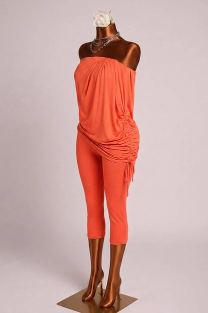Strapless draping detailed capri jumpsuit