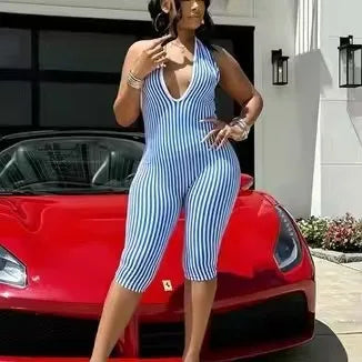 STYLISH LADY Retro Vertical Stripe Cross Halter Bodysuit 2026 Women Backless Slim Fit Knee Capri Jumpsuit Street Party Club Wear