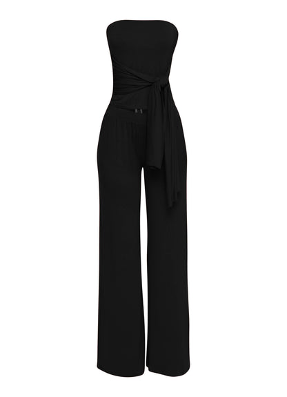 Tie detailed tube top and wide leg pant set