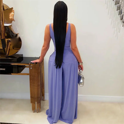 Doyerl Chic Party Club Wear Women's Jumpsuits and Rompers Sleeveless Tank V-neck Hollow Out Ruched Loose Wide Leg Overalls Femme