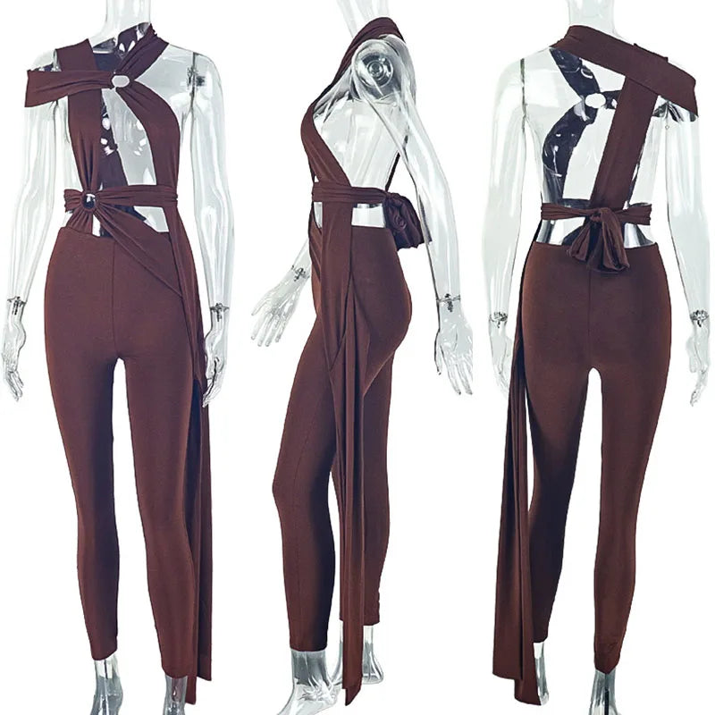 Sexy Lace-up Bandage Bodycon Jumpsuits for Woman Rave Festival Outfits Hollow Out Sleeveless Skinny Night Club Wear Party Romper