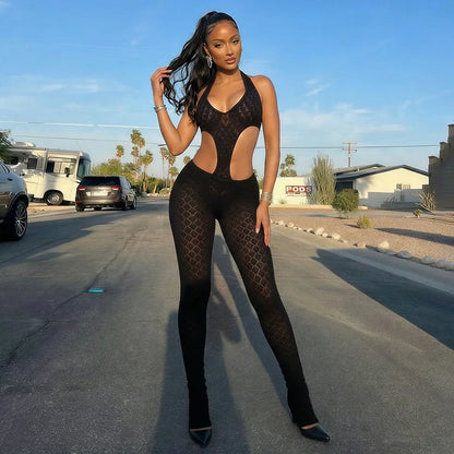 Sexy Jumpsuit Mesh See Through Hollow Out Backless Halterneck Rompers Summer 2026 Women Clothes Streetwear Skinny Jumpsuits