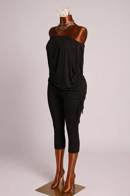 Strapless draping detailed capri jumpsuit