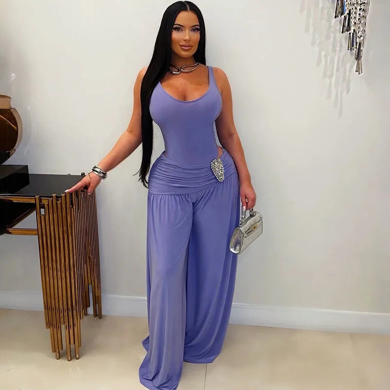 Doyerl Chic Party Club Wear Women's Jumpsuits and Rompers Sleeveless Tank V-neck Hollow Out Ruched Loose Wide Leg Overalls Femme