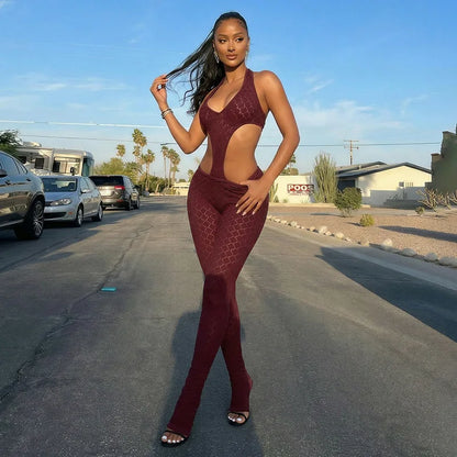 Sexy Jumpsuit Mesh See Through Hollow Out Backless Halterneck Rompers Summer 2026 Women Clothes Streetwear Skinny Jumpsuits