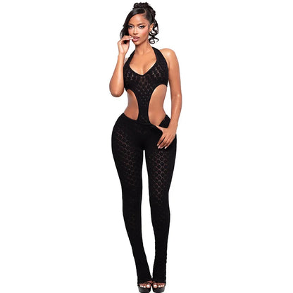 Sexy Jumpsuit Mesh See Through Hollow Out Backless Halterneck Rompers Summer 2026 Women Clothes Streetwear Skinny Jumpsuits