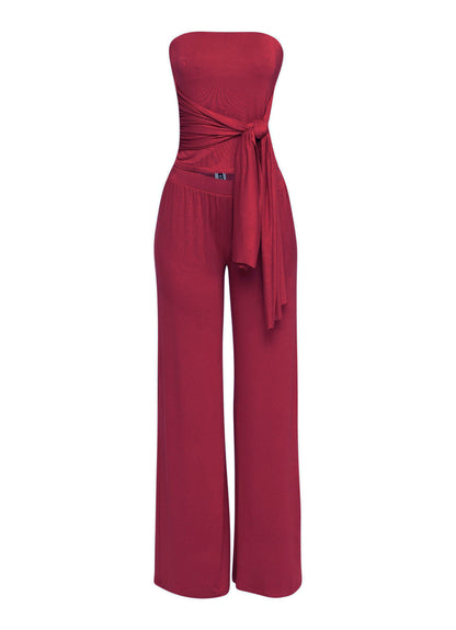 Tie detailed tube top and wide leg pant set