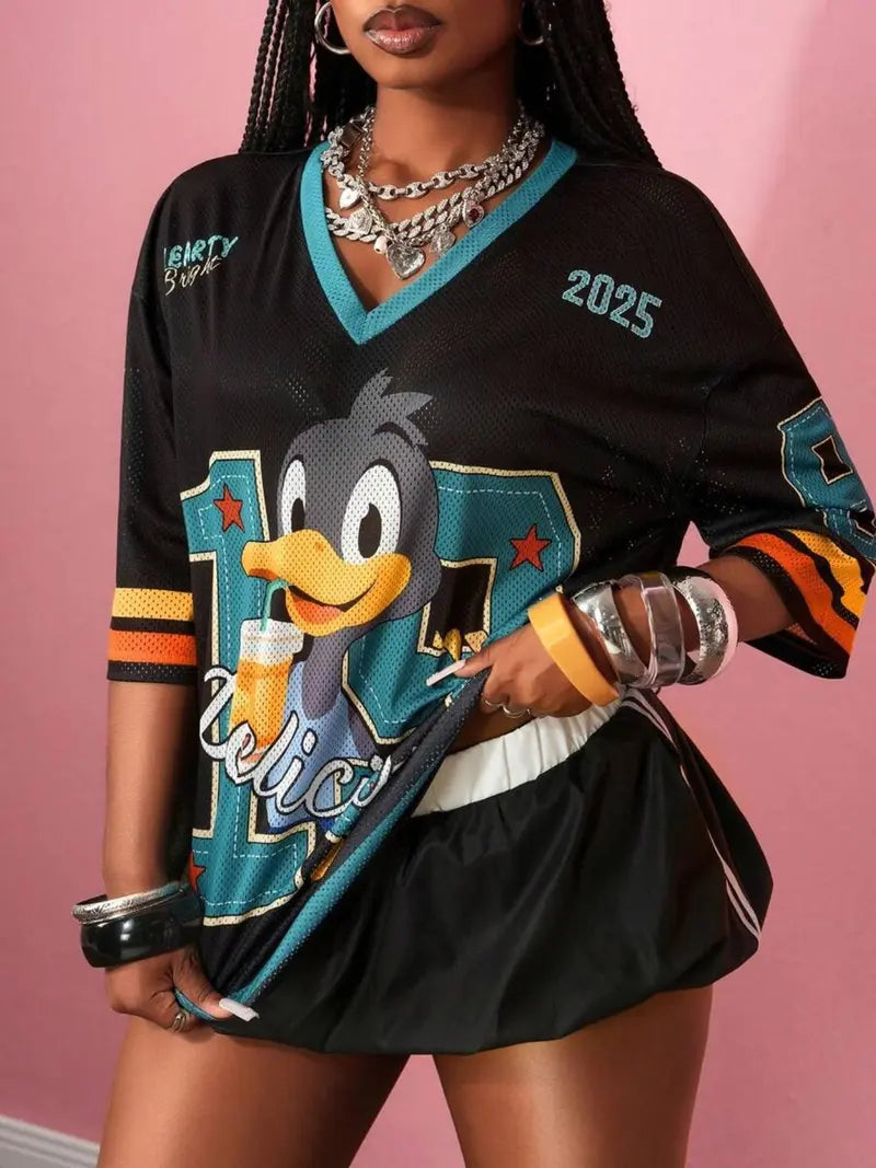 Hip-Hop Sporty Loose Mesh V-Neck Streetwear T-Shirt