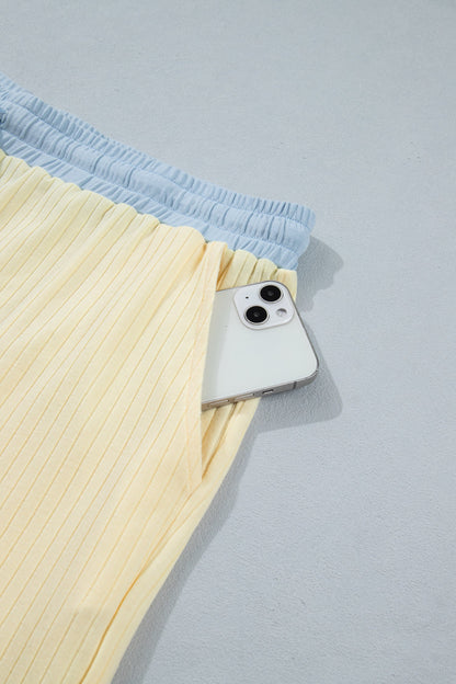 Yellow Cream Plus Size Ribbed Color Block Trim Drawstring Shorts 2pcs Set