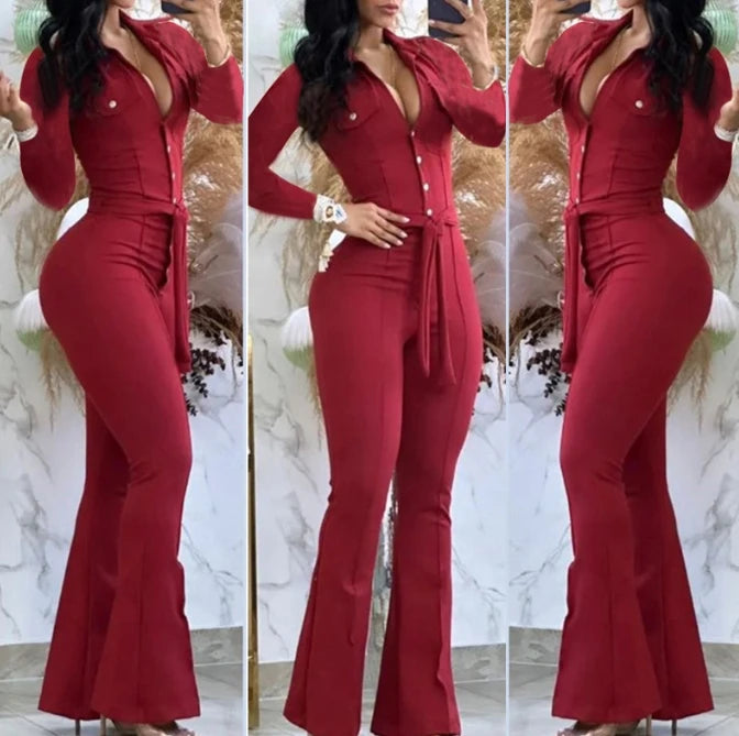 Jumpsuit Women 2023 Autumn Fashion Button Casual Turn-Down Collar Long Sleeve Skinny Bootcut Jumpsuit with Belt Y2K Streetwear