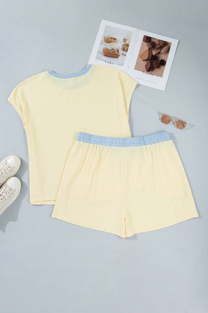 Yellow Cream Plus Size Ribbed Color Block Trim Drawstring Shorts 2pcs Set