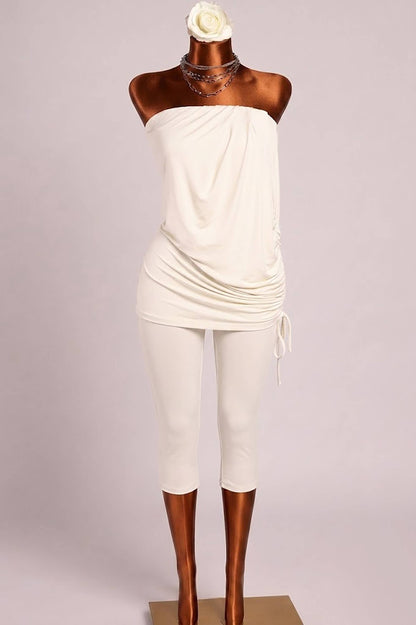 Strapless draping detailed capri jumpsuit
