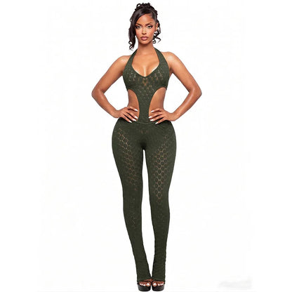 Sexy Jumpsuit Mesh See Through Hollow Out Backless Halterneck Rompers Summer 2026 Women Clothes Streetwear Skinny Jumpsuits
