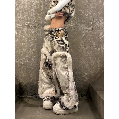 Womens American-Style Retro Leopard-Print Plush-Patchwork Denim Jeans See size chart under “more details”