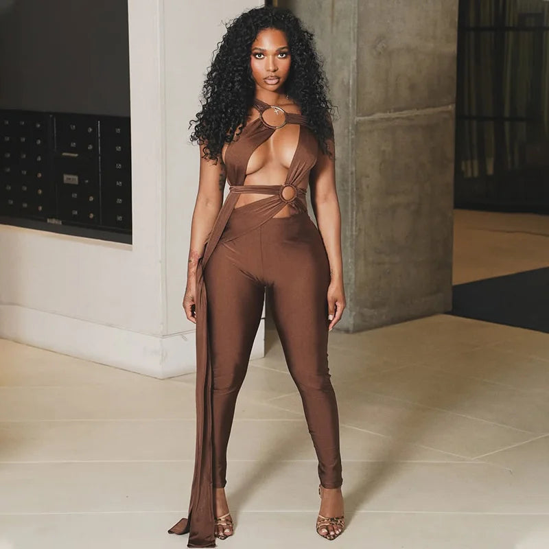 Sexy Lace-up Bandage Bodycon Jumpsuits for Woman Rave Festival Outfits Hollow Out Sleeveless Skinny Night Club Wear Party Romper