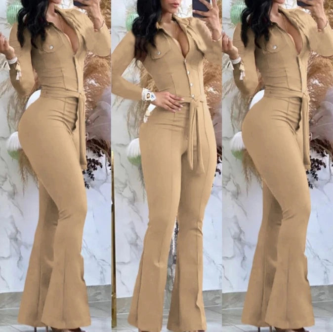 Jumpsuit Women 2023 Autumn Fashion Button Casual Turn-Down Collar Long Sleeve Skinny Bootcut Jumpsuit with Belt Y2K Streetwear