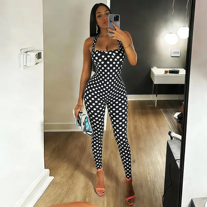KEXU Women Summer Sexy Backless Sleeveless Polka Dot Printed Jumpsuit High Stretch One Piece Romper Beach Club Daily Party Wear