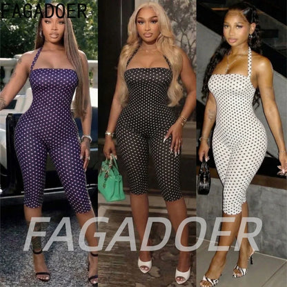 FAGADOER Sexy Polka Dot Halter Romper Fashion Print Backless Bodycon Jumpsuits Women Summer Streetwear Party Club Playsuits New