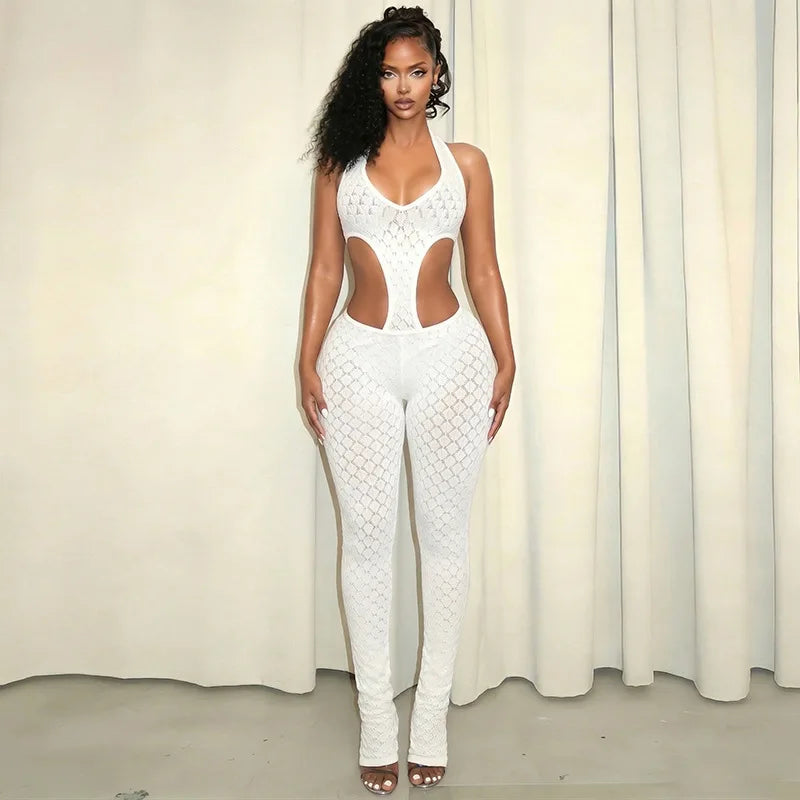 FAGADOER Sexy Lace Hollow-out Patchwork Bodycon Jumpsuits Woman Halter See Through Backless Rompers Female Streetwear Overalls