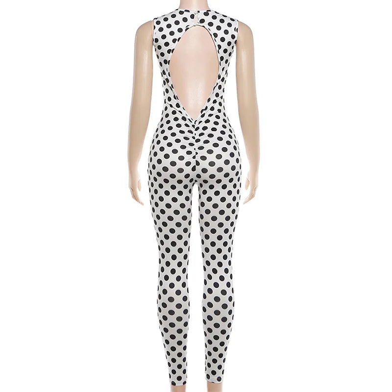 KEXU Women Summer Sexy Backless Sleeveless Polka Dot Printed Jumpsuit High Stretch One Piece Romper Beach Club Daily Party Wear