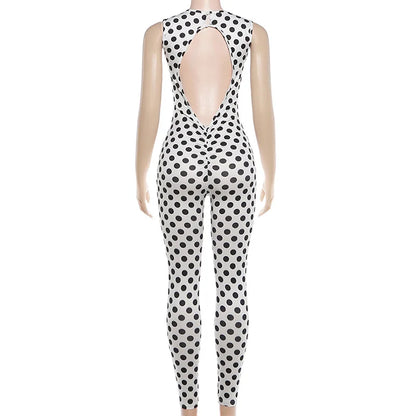 KEXU Women Summer Sexy Backless Sleeveless Polka Dot Printed Jumpsuit High Stretch One Piece Romper Beach Club Daily Party Wear