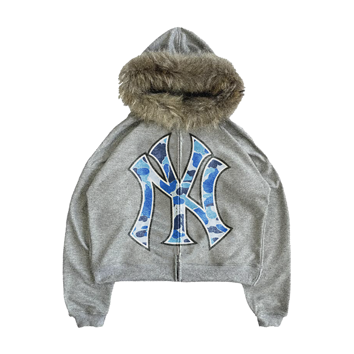 Blue Fur Trim Zip Up Hoodie Unisex Cropped Streetwear Sweatshirt 400 GSM Cotton Limited Edition