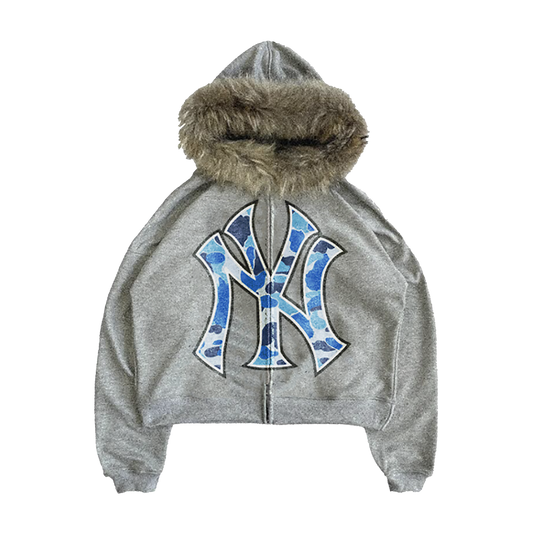 Blue Fur Trim Zip Up Hoodie Unisex Cropped Streetwear Sweatshirt 400 GSM Cotton Limited Edition