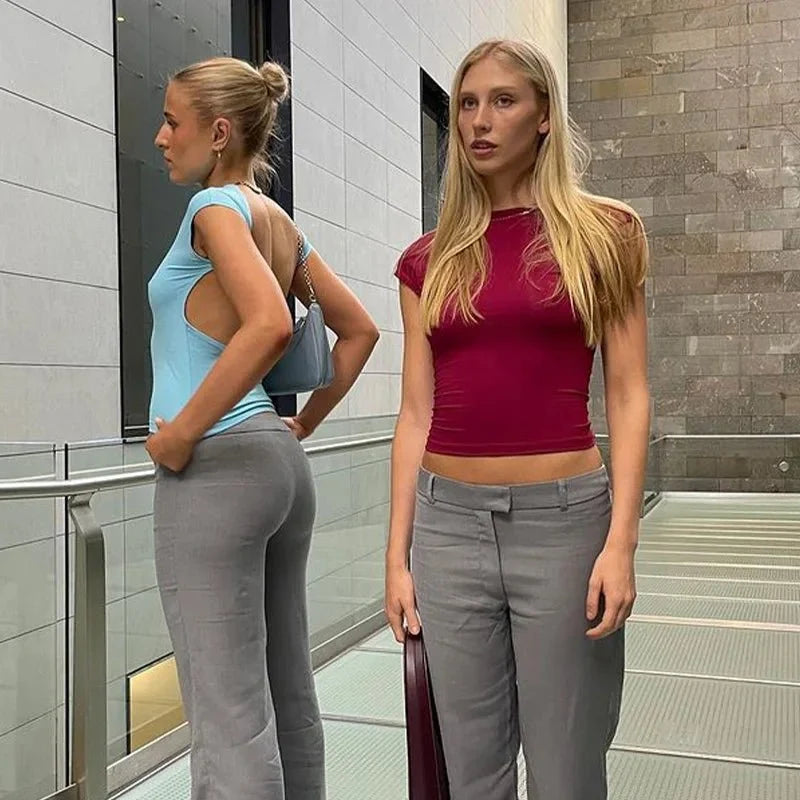 Yezw 2025 Slim Fit Crop Top | Backless Cut-Out Streetwear Tee for Women