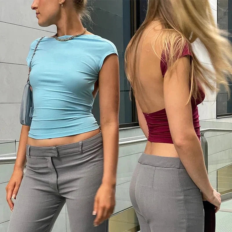 Yezw 2025 Slim Fit Crop Top | Backless Cut-Out Streetwear Tee for Women