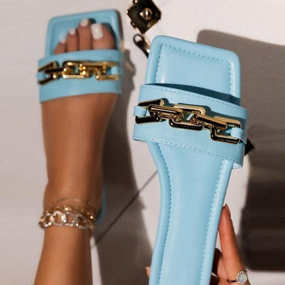Women Slipper Sandals Gold Chain Closed Toe Slip On Flat Heels Square Head Casual Slides Flip Flop Chunky Heel Mules Open Toe Slip On Dress Backless High Heels Slides Slippers